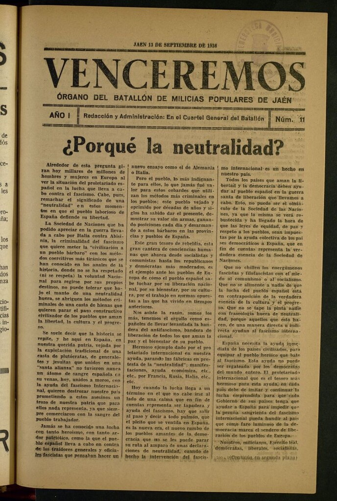 Miniatura de Venceremos : órgano del batallón de milicias populares de Jaén del 13 de septiembre de 1936