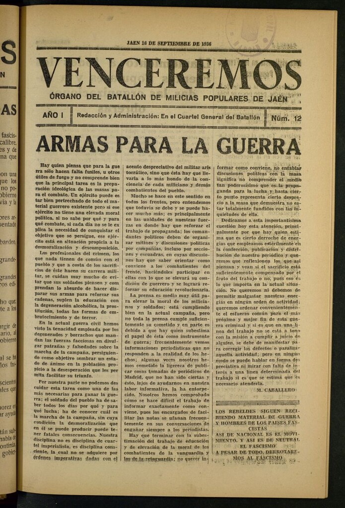 Miniatura de Venceremos : órgano del batallón de milicias populares de Jaén del 16 de septiembre de 1936