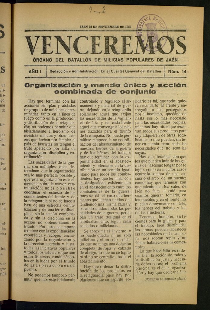 Miniatura de Venceremos : órgano del batallón de milicias populares de Jaén del 22 de septiembre de 1936