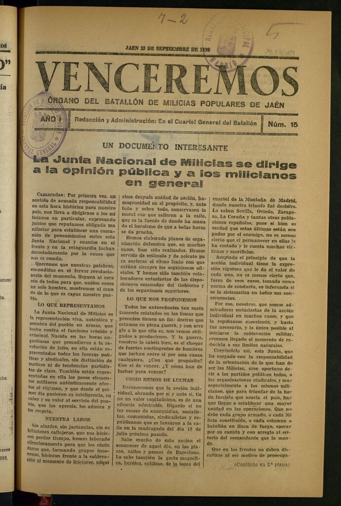Miniatura de Venceremos : órgano del batallón de milicias populares de Jaén del 25 de septiembre de 1936