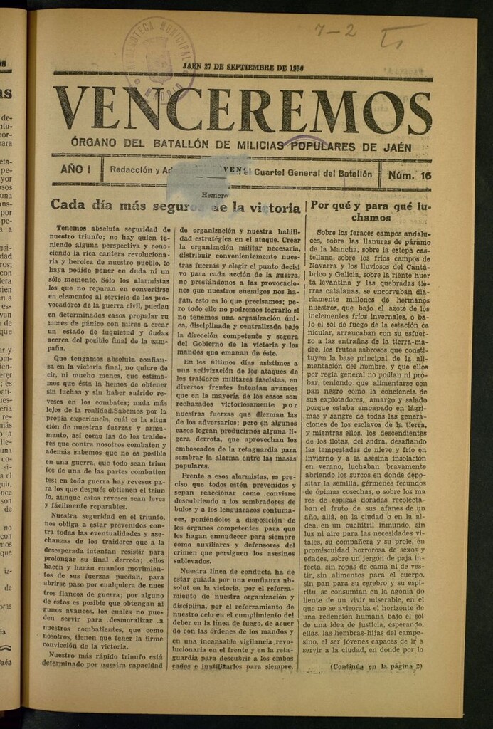 Miniatura de Venceremos : órgano del batallón de milicias populares de Jaén del 27 de septiembre de 1936