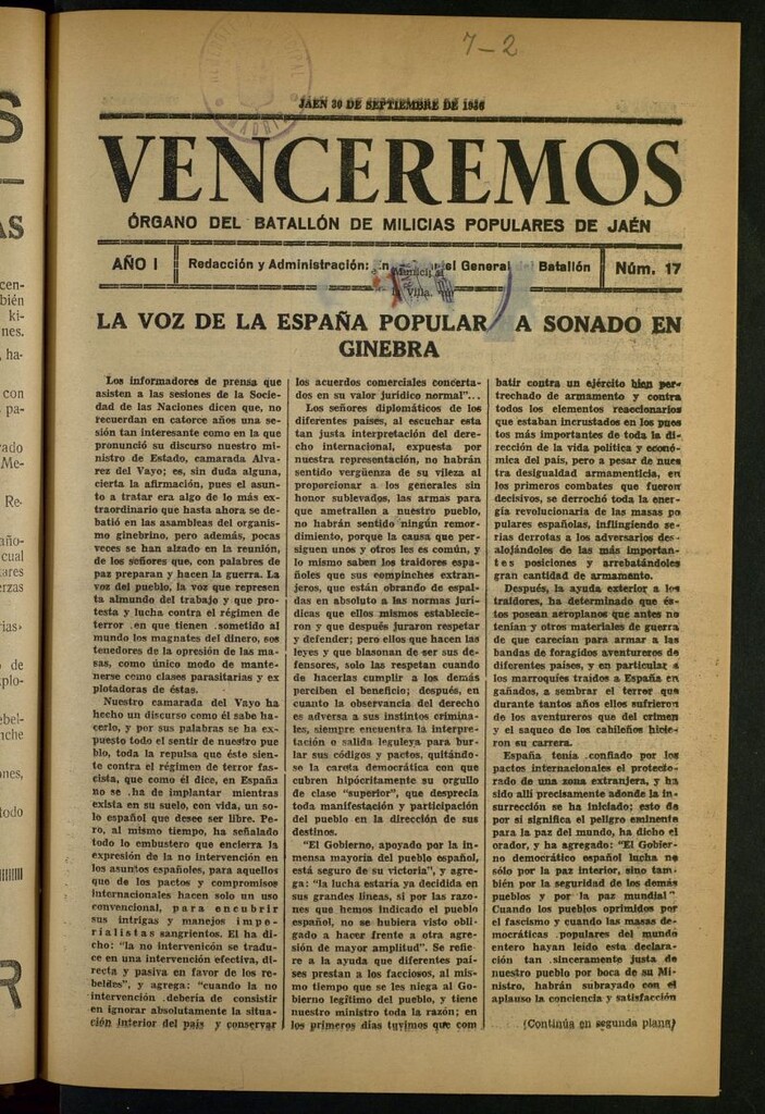 Miniatura de Venceremos : órgano del batallón de milicias populares de Jaén del 30 de septiembre de 1936