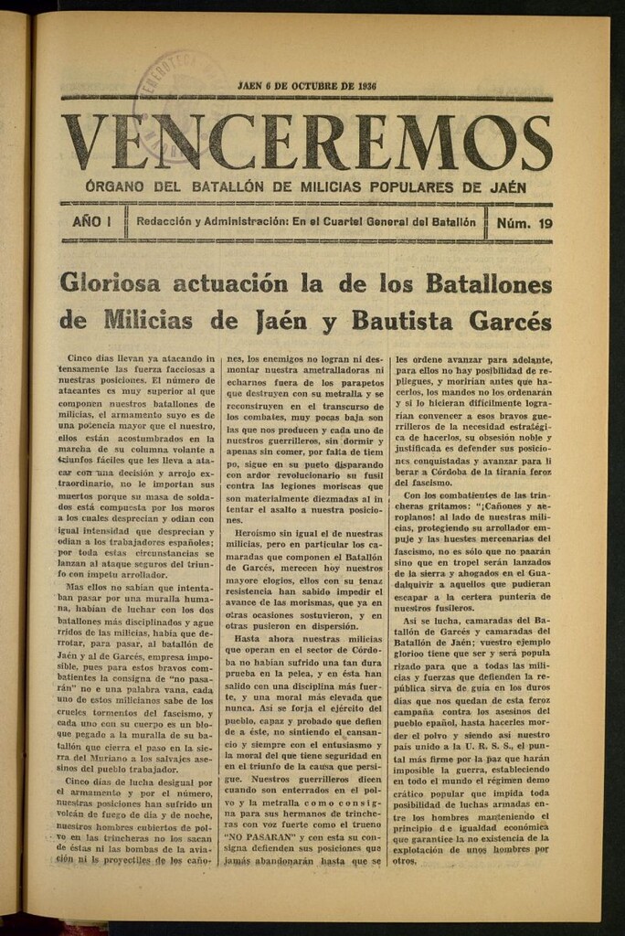 Miniatura de Venceremos : órgano del batallón de milicias populares de Jaén del 6 de octubre de 1936