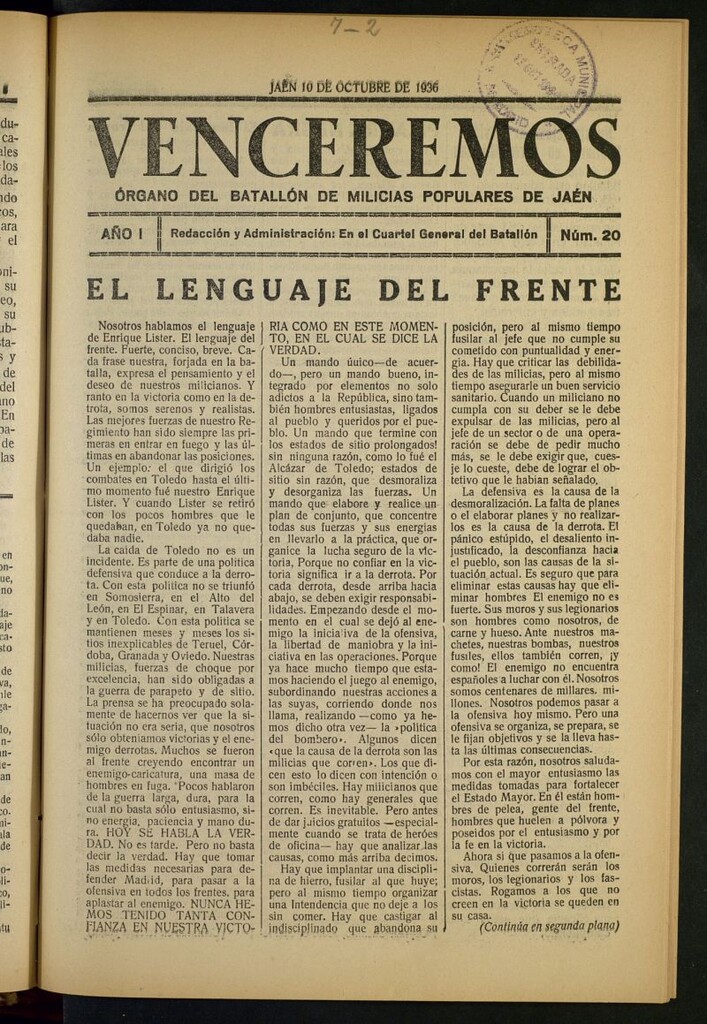 Miniatura de Venceremos : órgano del batallón de milicias populares de Jaén del 10 de octubre de 1936
