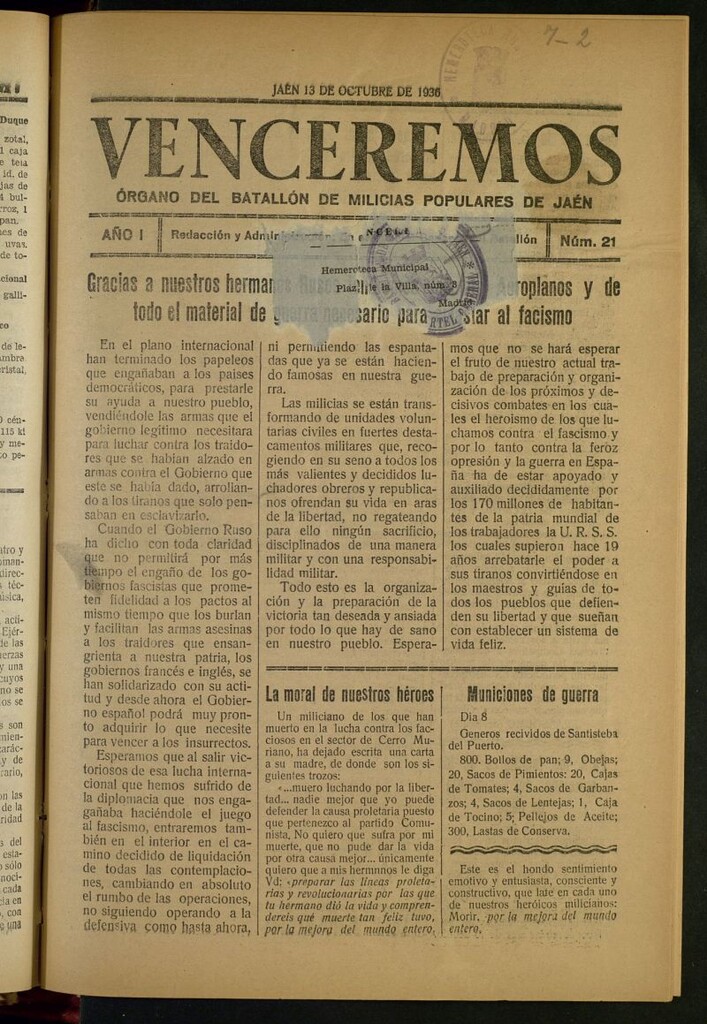 Miniatura de Venceremos : órgano del batallón de milicias populares de Jaén del 13 de octubre de 1936