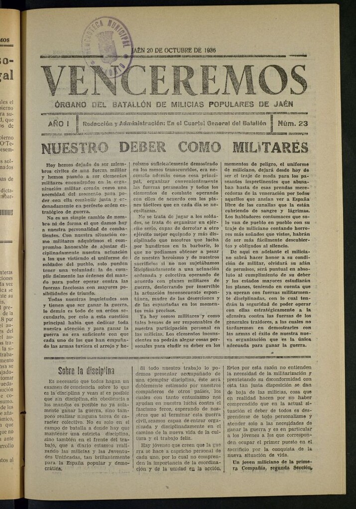 Miniatura de Venceremos : órgano del batallón de milicias populares de Jaén del 20 de octubre de 1936