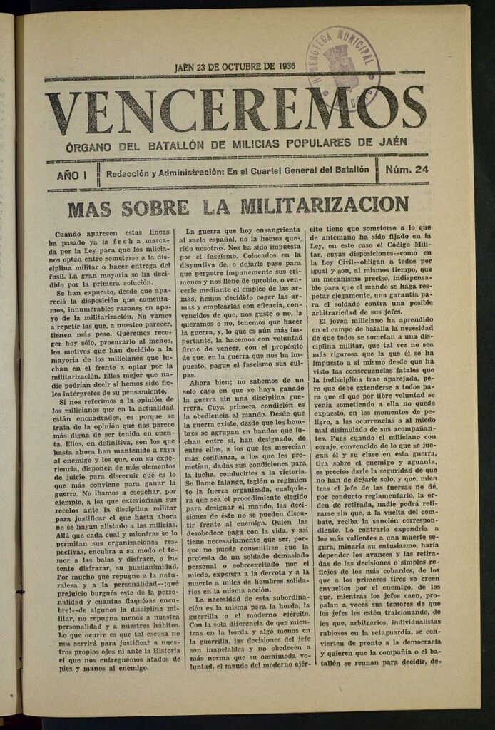 Miniatura de Venceremos : órgano del batallón de milicias populares de Jaén del 23 de octubre de 1936