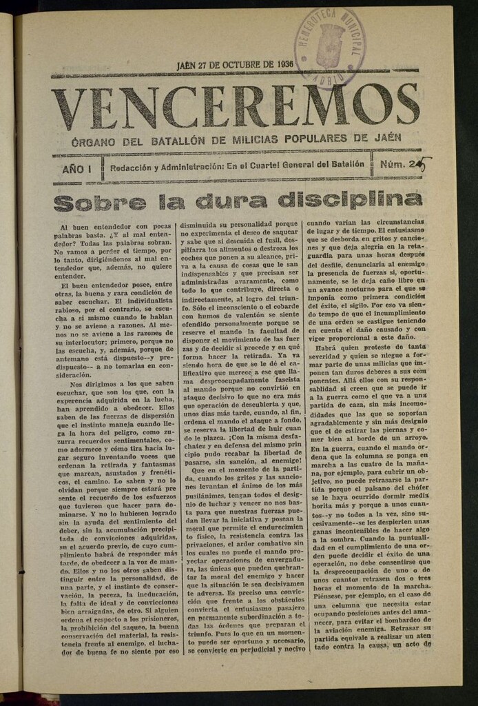 Miniatura de Venceremos : órgano del batallón de milicias populares de Jaén del 27 de octubre de 1936