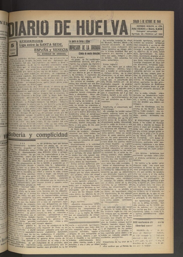 Miniatura de Diario de Huelva : periódico independiente del 5 de octubre de 1940