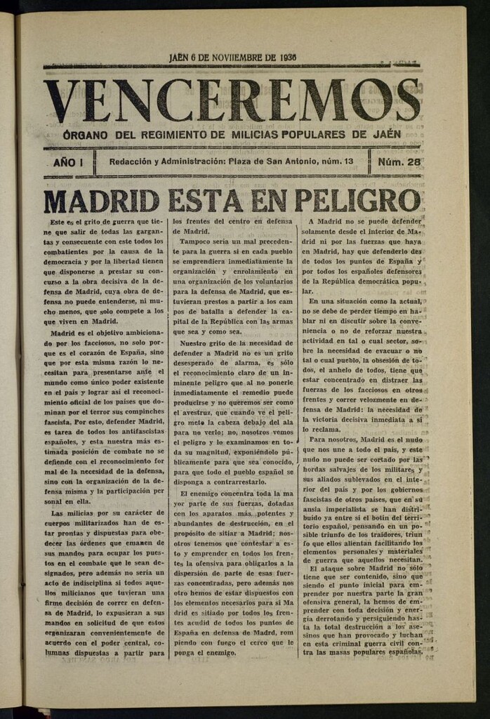 Miniatura de Venceremos : órgano del batallón de milicias populares de Jaén del 6 de noviembre de 1936