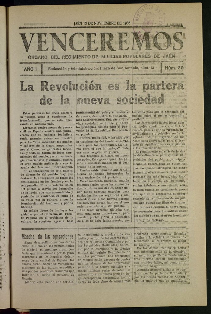 Miniatura de Venceremos : órgano del batallón de milicias populares de Jaén del 13 de noviembre de 1936