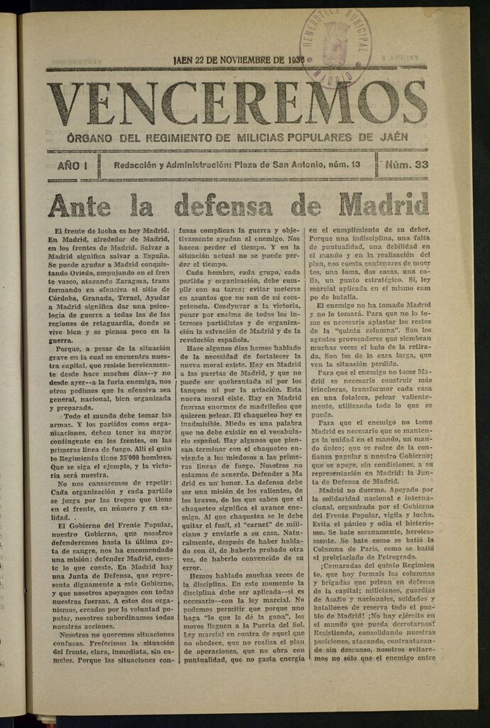 Miniatura de Venceremos : órgano del batallón de milicias populares de Jaén del 22 de noviembre de 1936