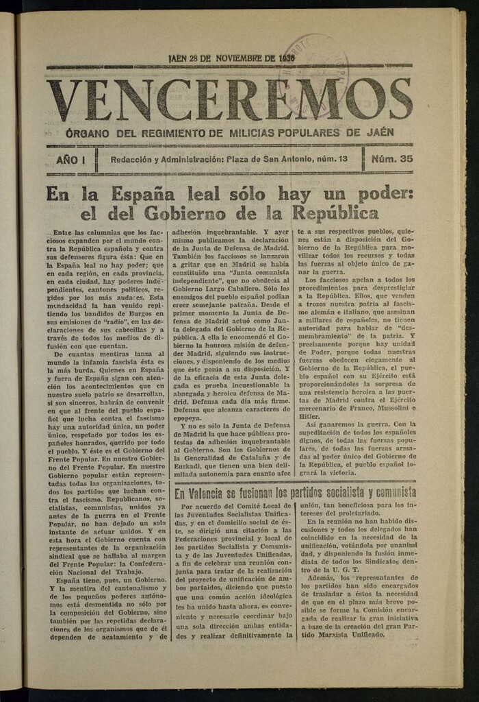 Miniatura de Venceremos : órgano del batallón de milicias populares de Jaén del 28 de noviembre de 1936