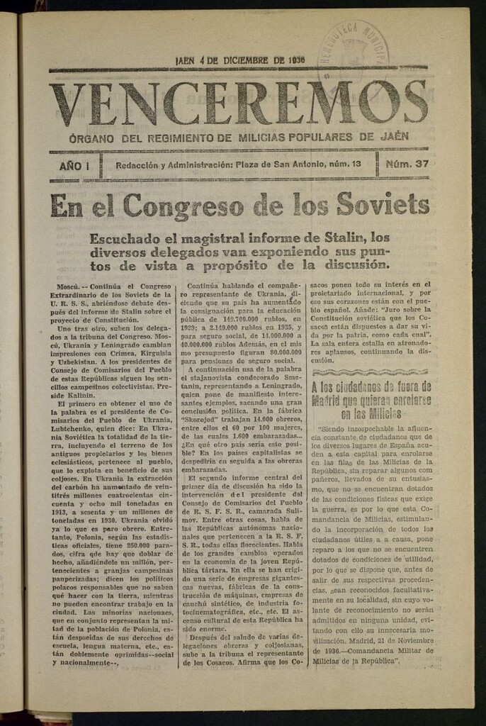 Miniatura de Venceremos : órgano del batallón de milicias populares de Jaén del 4 de diciembre de 1936