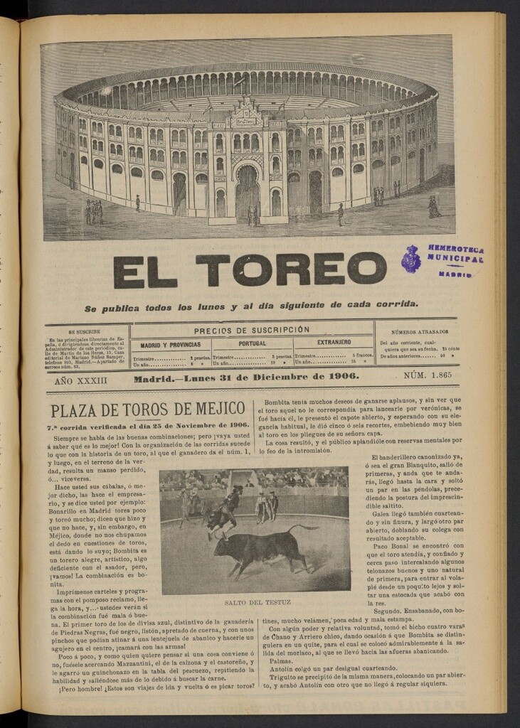 Miniatura de El Toreo: suplemento a "La Correspondencia Teatral" del 31 de diciembre de 1906, nº 1865