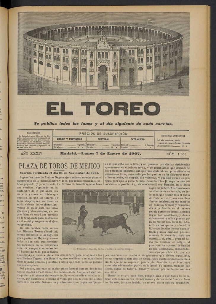 Miniatura de El Toreo: suplemento a "La Correspondencia Teatral" del 7 de enero de 1907, nº 1866