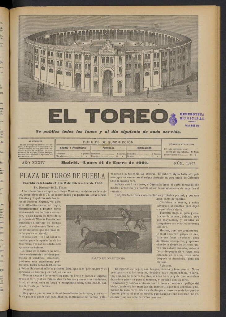 Miniatura de El Toreo: suplemento a "La Correspondencia Teatral" del 14 de enero de 1907, nº 1867