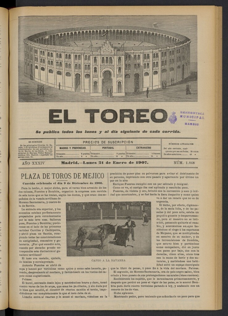 Miniatura de El Toreo: suplemento a "La Correspondencia Teatral" del 21 de enero de 1907, nº 1868