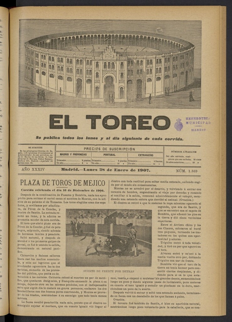 Miniatura de El Toreo: suplemento a "La Correspondencia Teatral" del 28 de enero de 1907, nº 1869