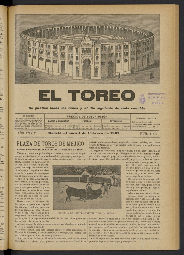 Miniatura de El Toreo: suplemento a "La Correspondencia Teatral" del 4 de febrero de 1907, nº 1870