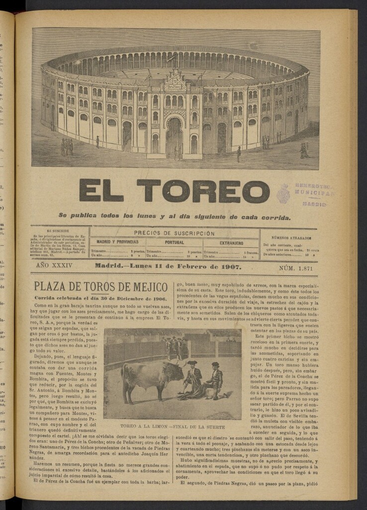 Miniatura de El Toreo: suplemento a "La Correspondencia Teatral" del 11 de febrero de 1907, nº 1871