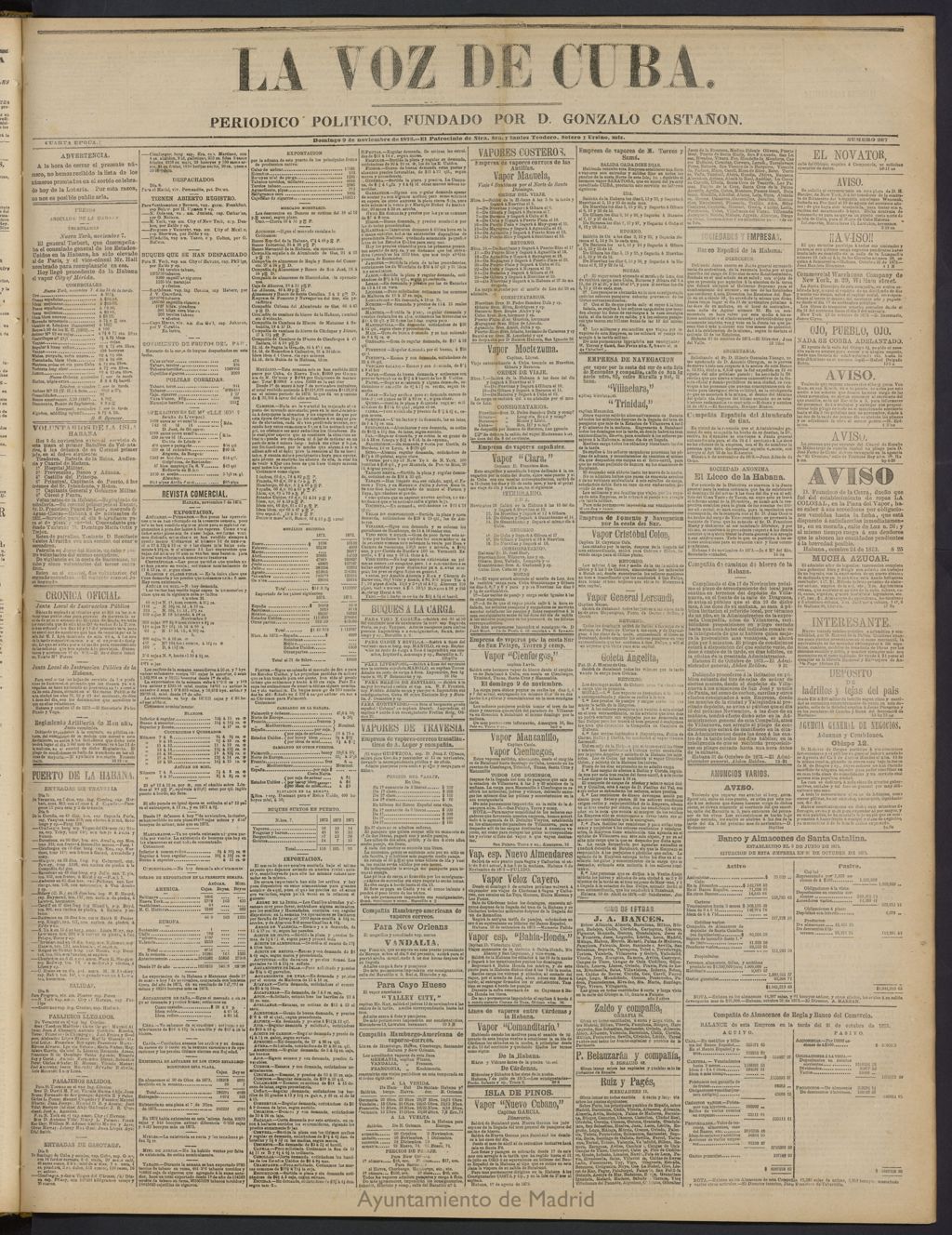 Miniatura de La Voz de Cuba: diario conservador del 9 de noviembre de 1873, nº 267