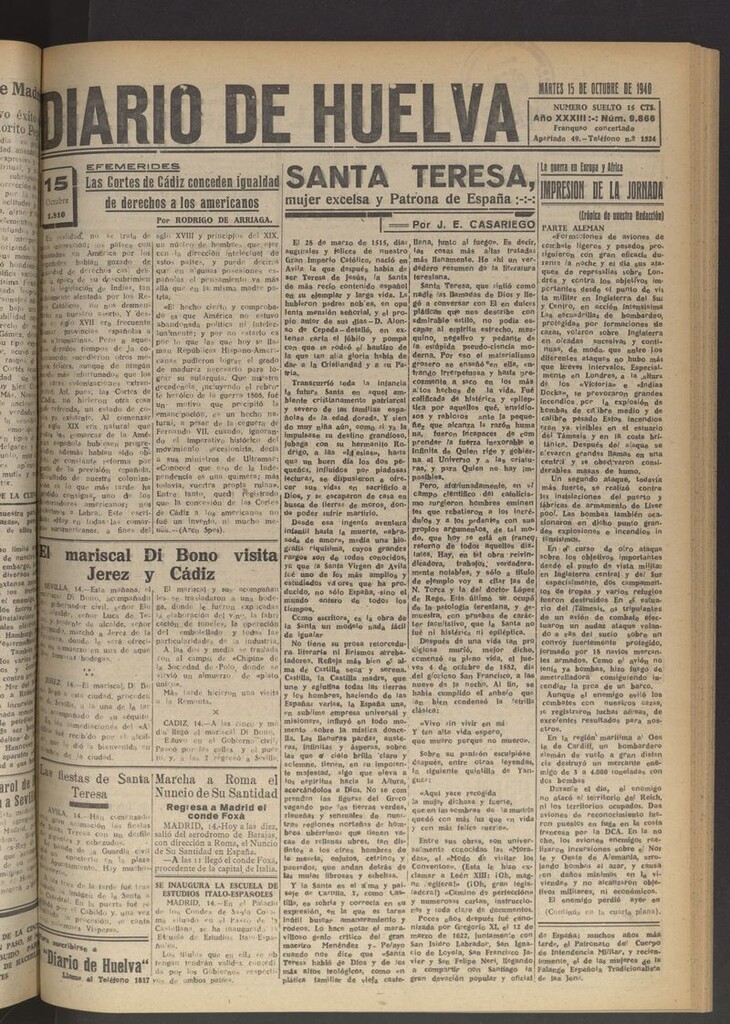 Miniatura de Diario de Huelva : periódico independiente del 15 de octubre de 1940