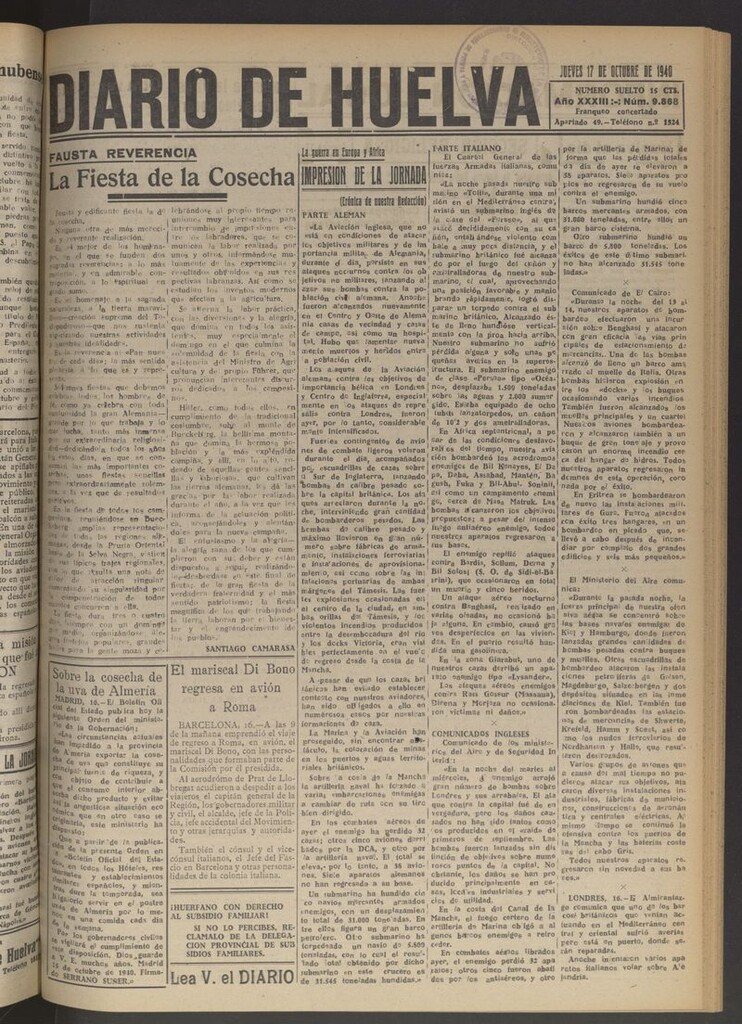 Miniatura de Diario de Huelva : periódico independiente del 17 de octubre de 1940