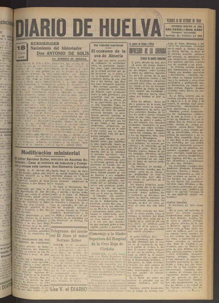 Miniatura de Diario de Huelva : periódico independiente del 18 de octubre de 1940