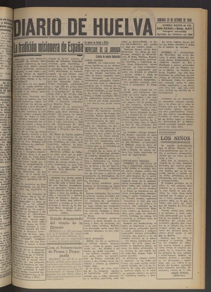 Miniatura de Diario de Huelva : periódico independiente del 20 de octubre de 1940