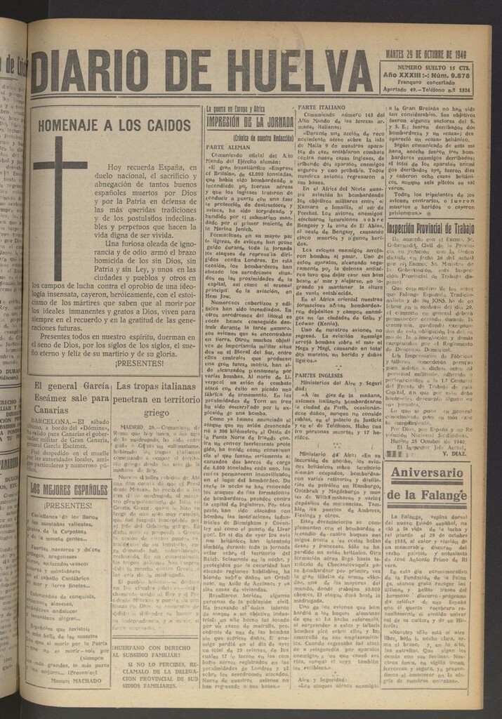 Miniatura de Diario de Huelva : periódico independiente del 29 de octubre de 1940