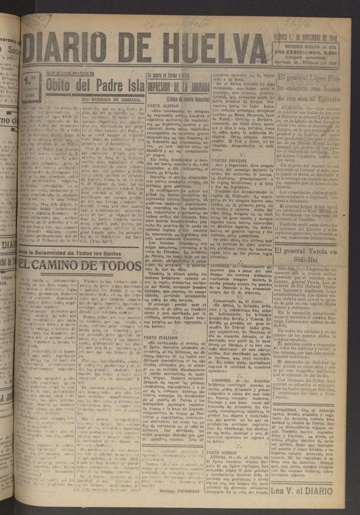 Miniatura de Diario de Huelva : periódico independiente del 1 de noviembre de 1940