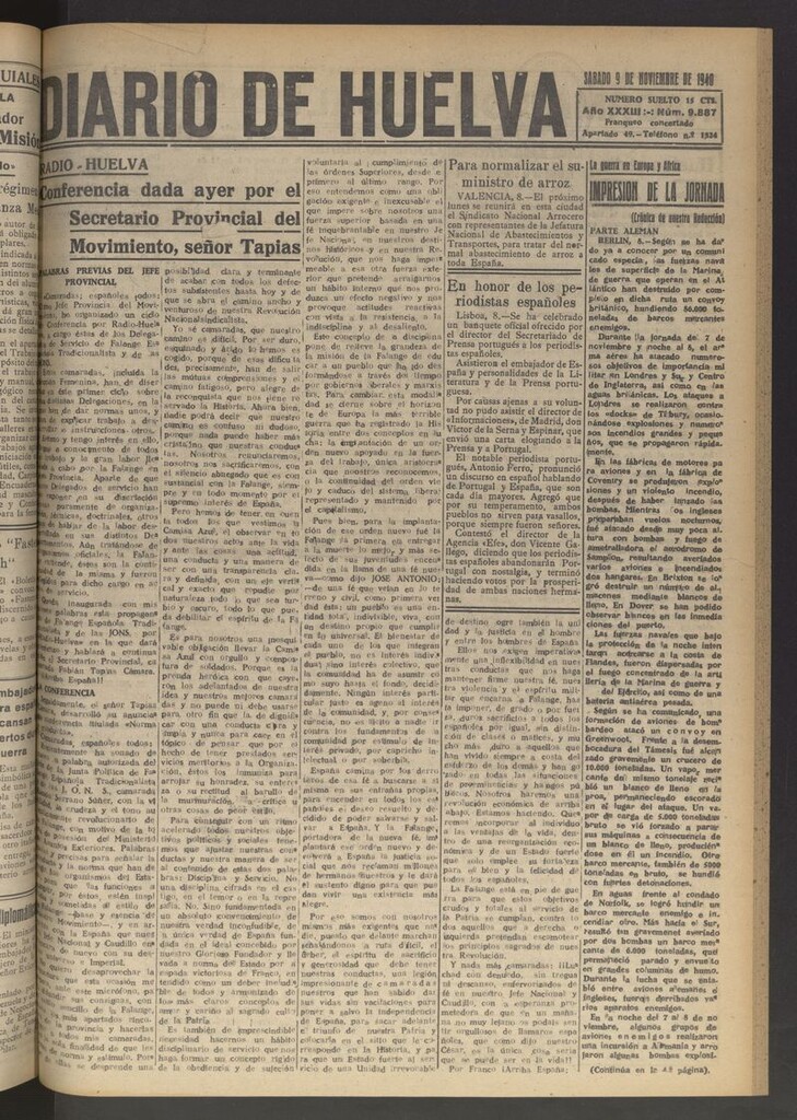Miniatura de Diario de Huelva : periódico independiente del 9 de noviembre de 1940