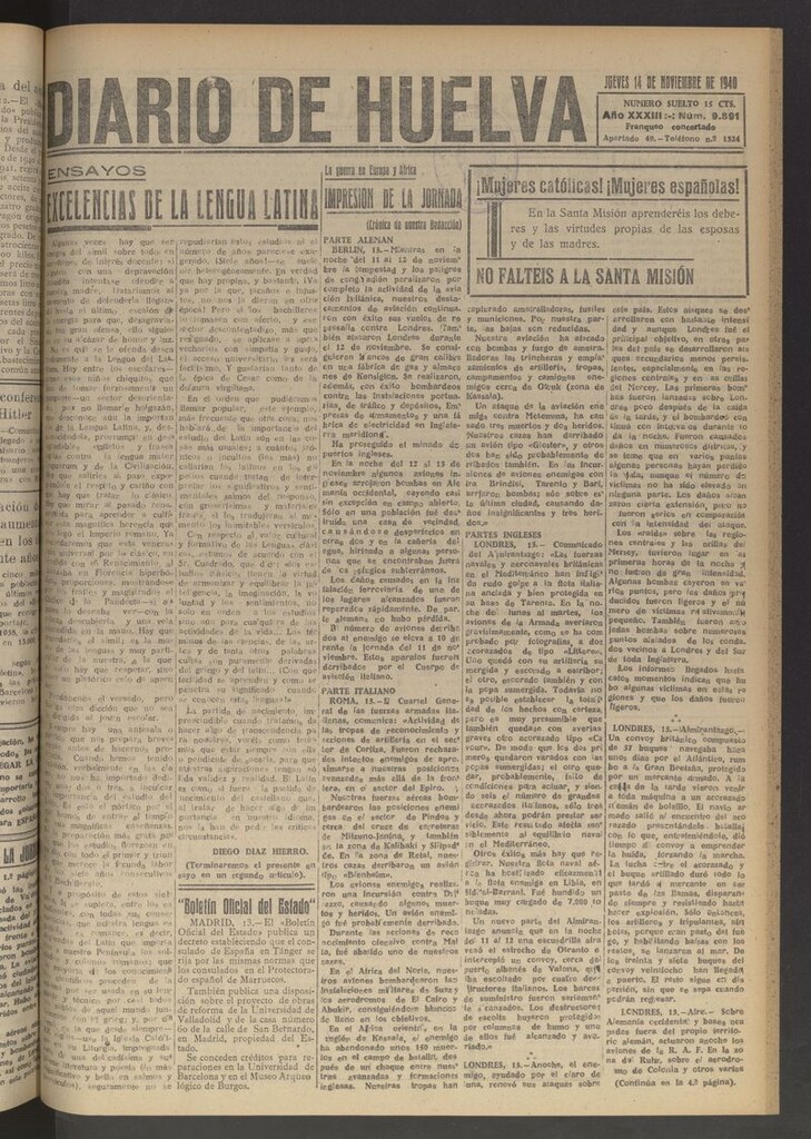 Miniatura de Diario de Huelva : periódico independiente del 14 de noviembre de 1940