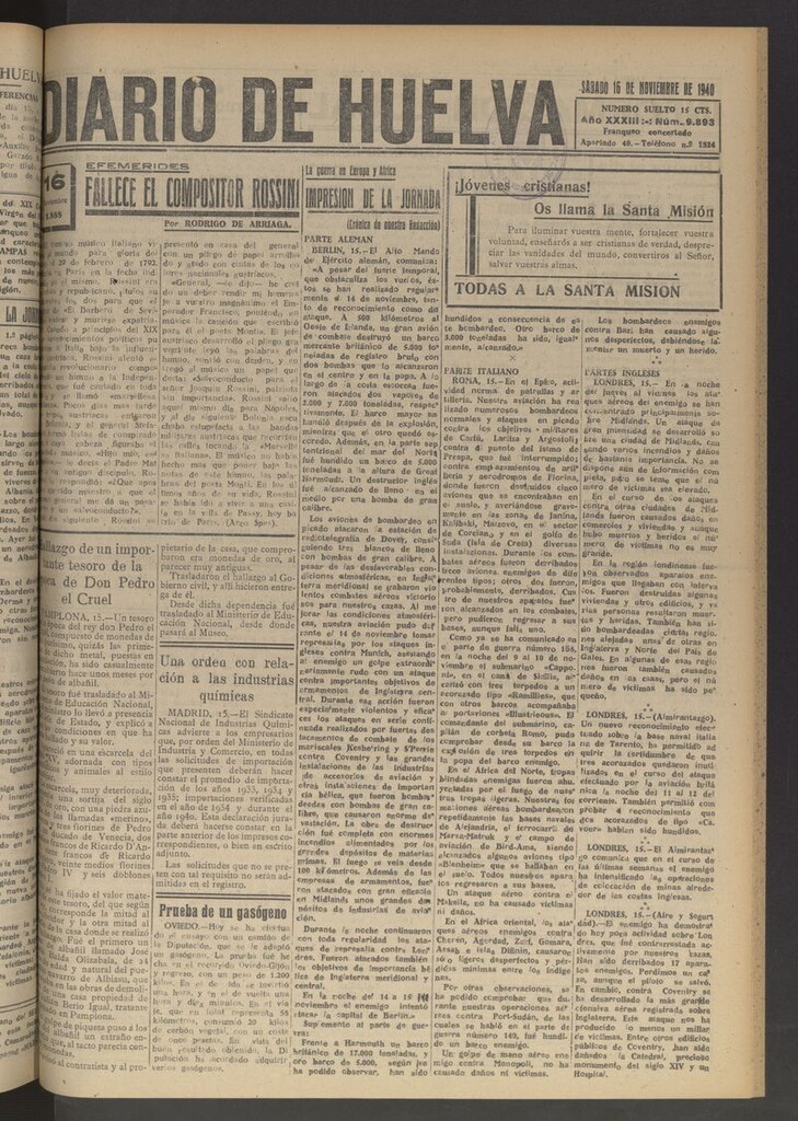 Miniatura de Diario de Huelva : periódico independiente del 16 de noviembre de 1940