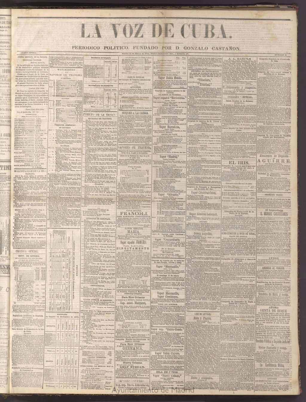 Miniatura de La Voz de Cuba: diario conservador del 13 de enero de 1874