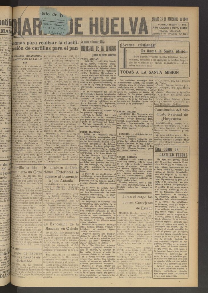 Miniatura de Diario de Huelva : periódico independiente del 23 de noviembre de 1940