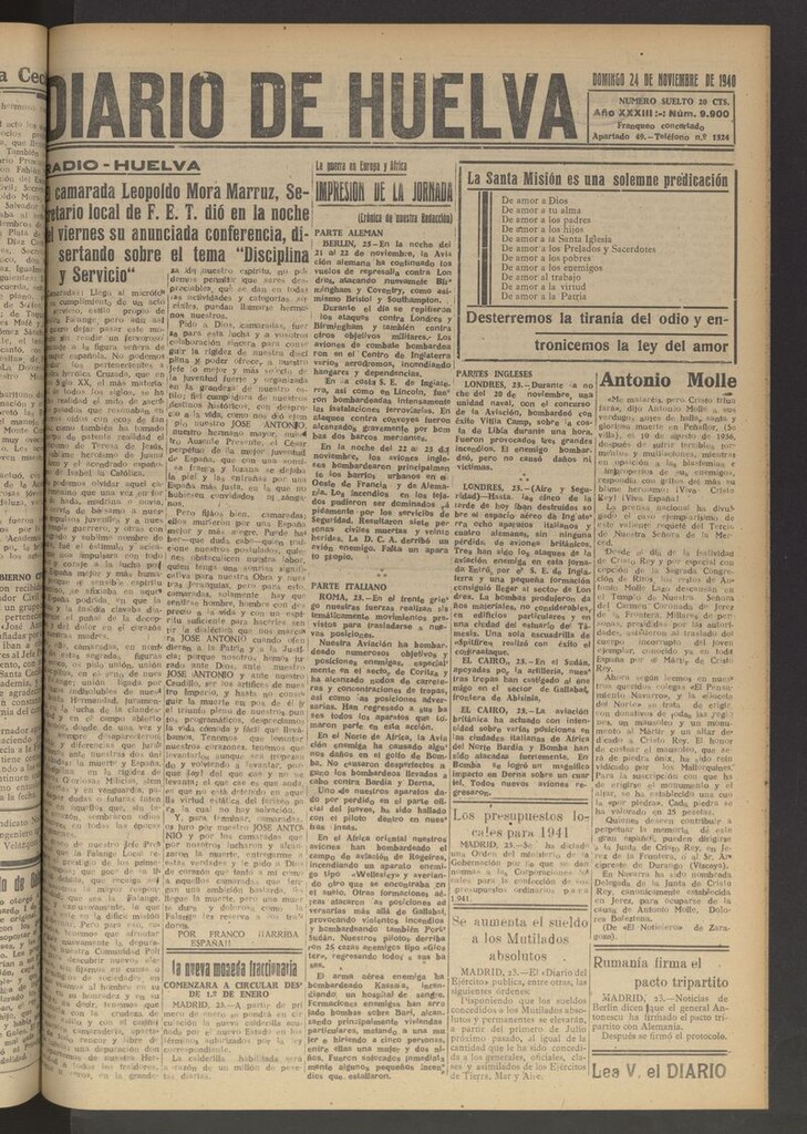Miniatura de Diario de Huelva : periódico independiente del 24 de noviembre de 1940