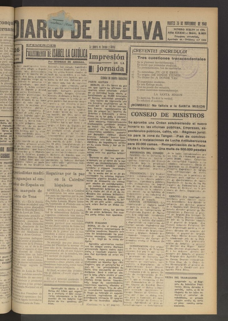 Miniatura de Diario de Huelva : periódico independiente del 26 de noviembre de 1940