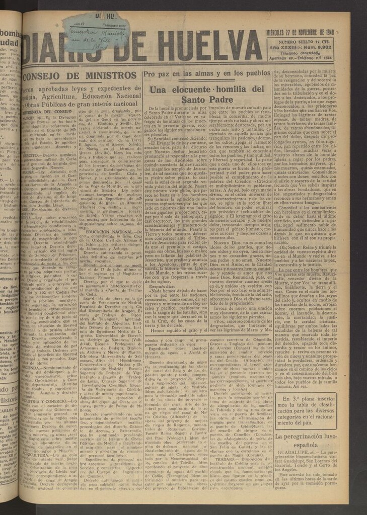 Miniatura de Diario de Huelva : periódico independiente del 27 de noviembre de 1940