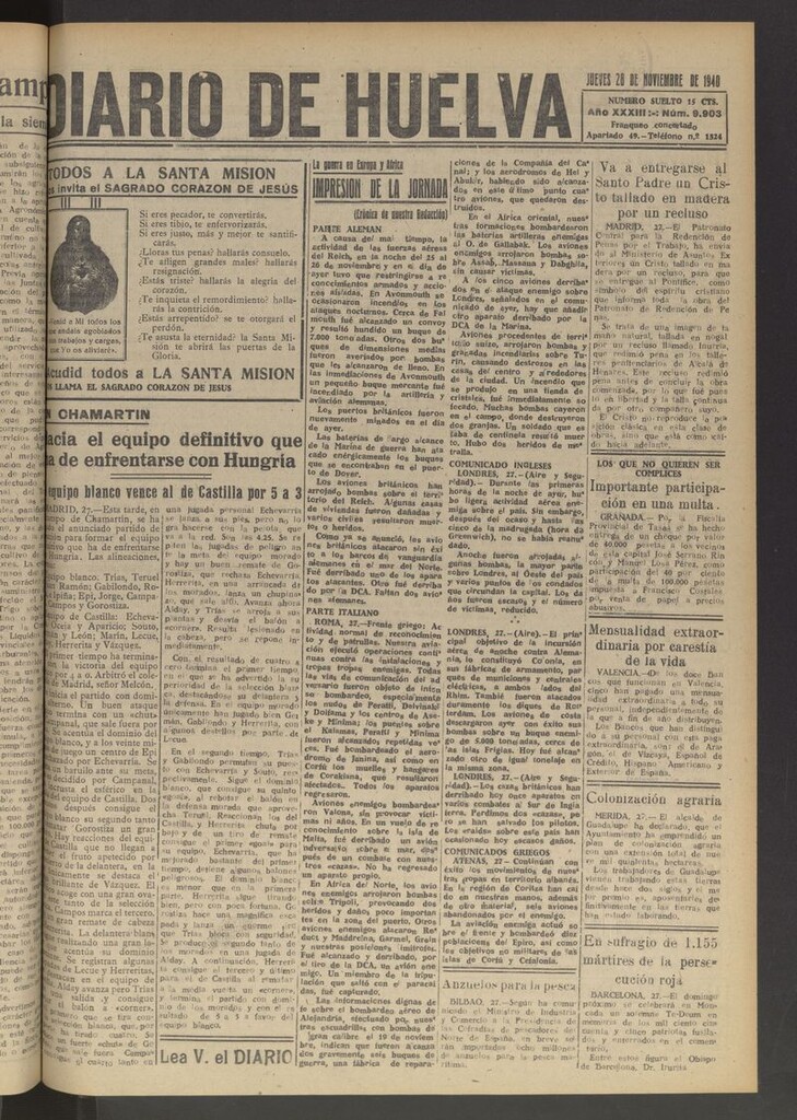 Miniatura de Diario de Huelva : periódico independiente del 28 de noviembre de 1940