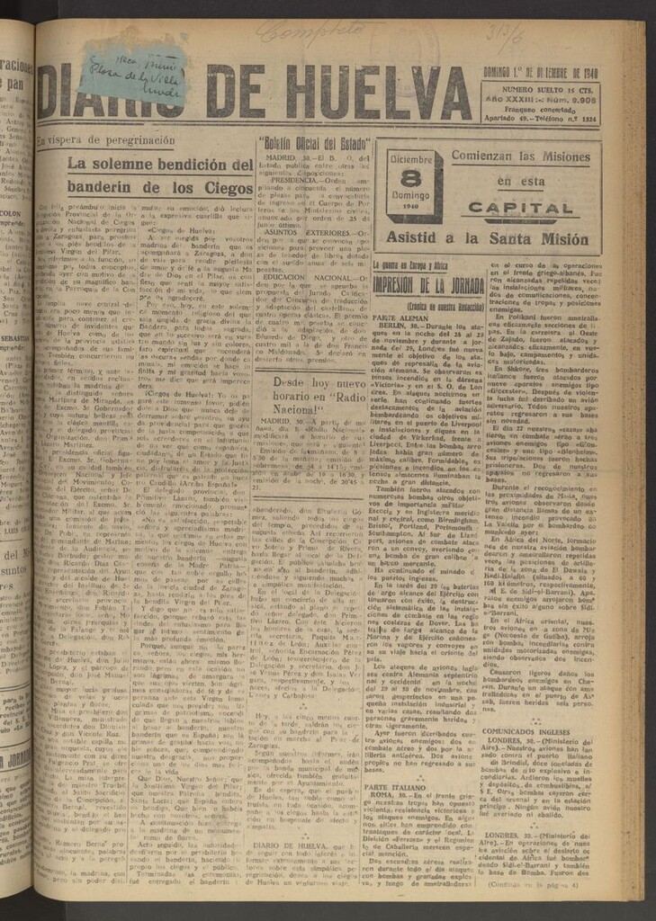 Miniatura de Diario de Huelva : periódico independiente del 1 de diciembre de 1940