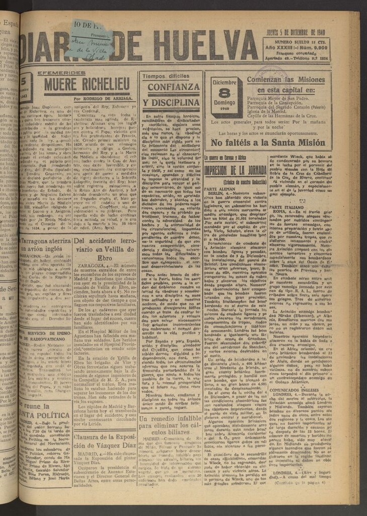 Miniatura de Diario de Huelva : periódico independiente del 5 de diciembre de 1940