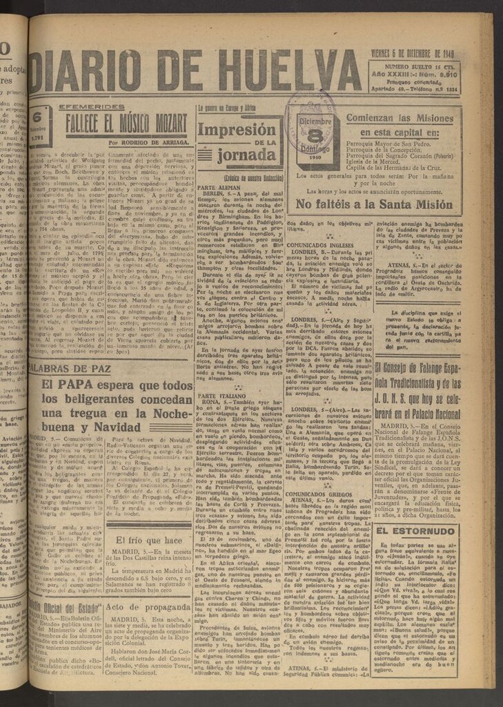 Miniatura de Diario de Huelva : periódico independiente del 6 de diciembre de 1940