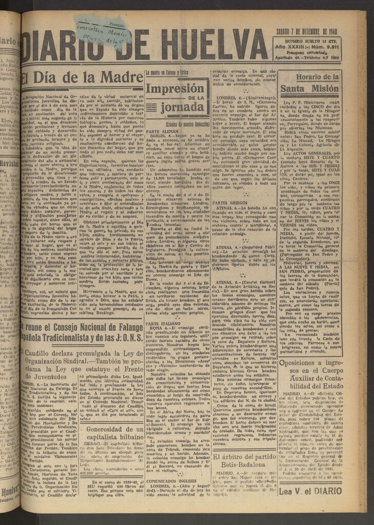 Miniatura de Diario de Huelva : periódico independiente del 7 de diciembre de 1940