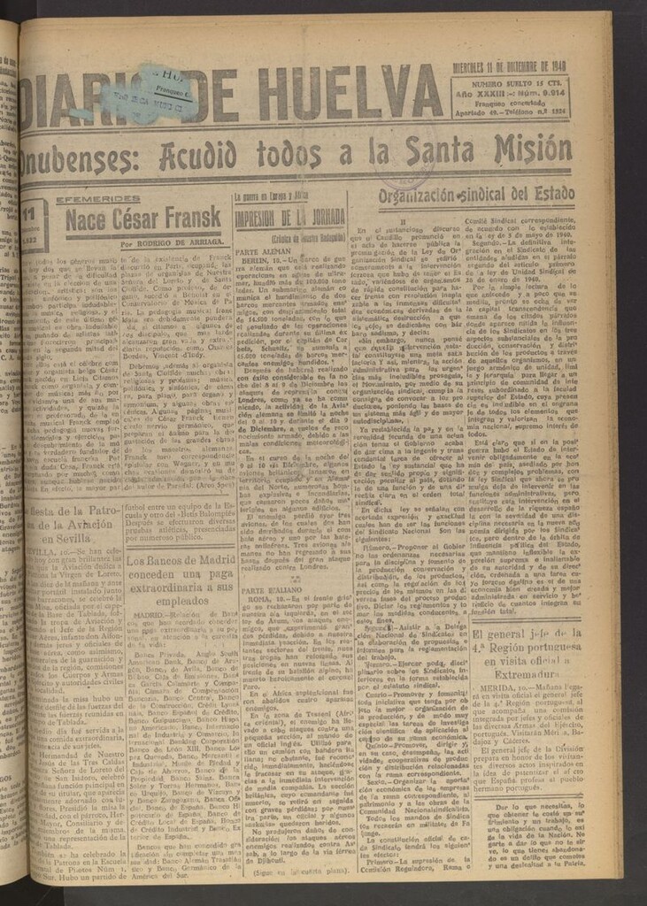 Miniatura de Diario de Huelva : periódico independiente del 11 de diciembre de 1940