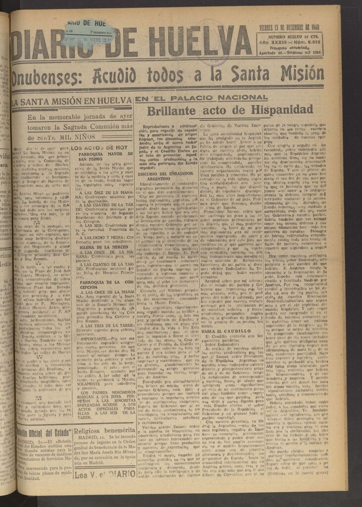 Miniatura de Diario de Huelva : periódico independiente del 13 de diciembre de 1940