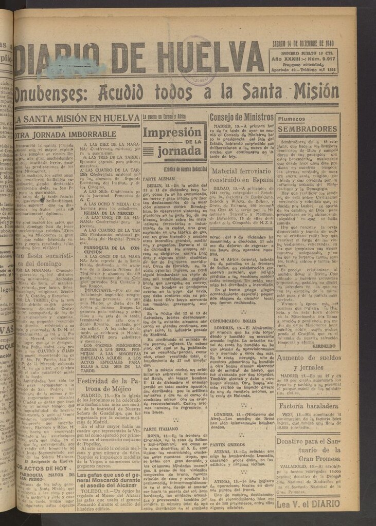 Miniatura de Diario de Huelva : periódico independiente del 14 de diciembre de 1940