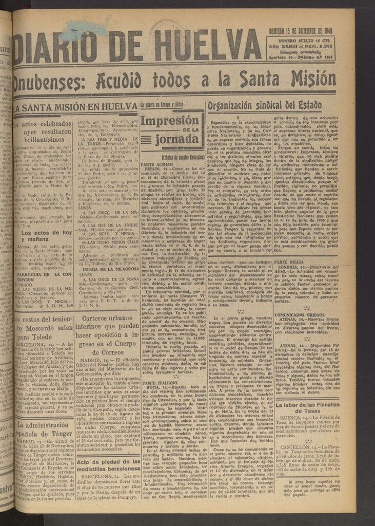 Miniatura de Diario de Huelva : periódico independiente del 15 de diciembre de 1940