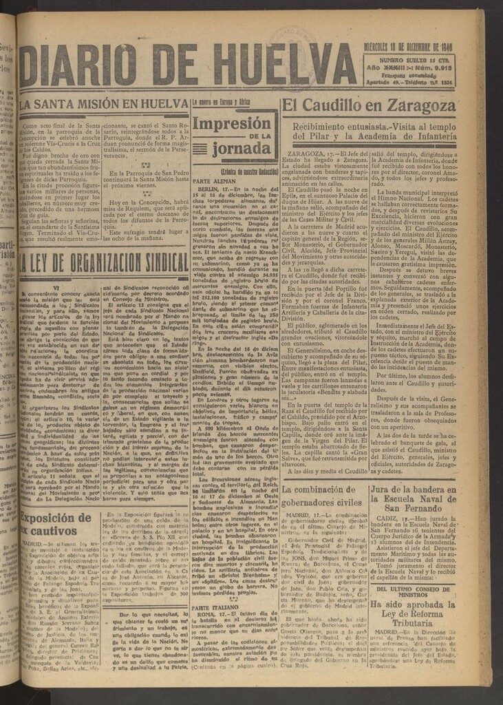 Miniatura de Diario de Huelva : periódico independiente del 18 de diciembre de 1940